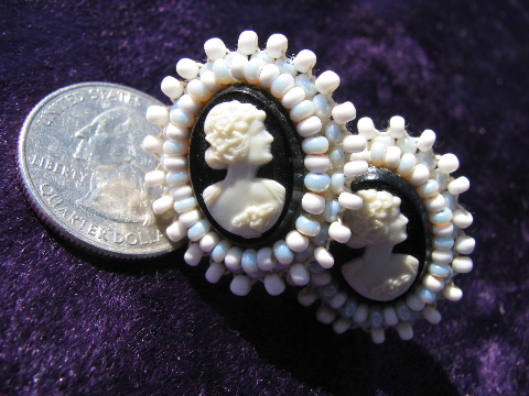 Vintage cameos lot, cameo pins & earrings, glass intaglio pendant necklace