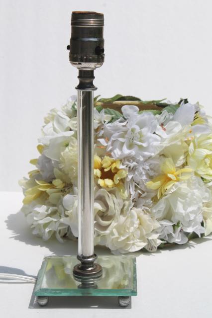 vintage candlestick lamp w/ silly daisy lampshade, all over silk flowers like a 60s pill box hat!