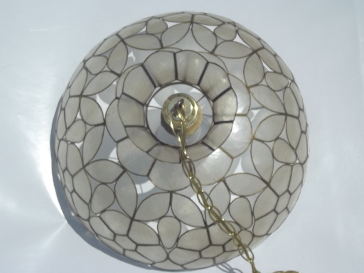 Vintage capiz shell light, retro 60s 70s swag lamp w/ mod flowers shade