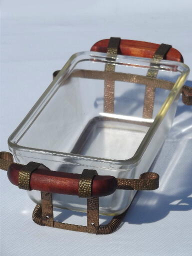 Vintage carry and serve stands for Pyrex loaf pans, hammered copper finish