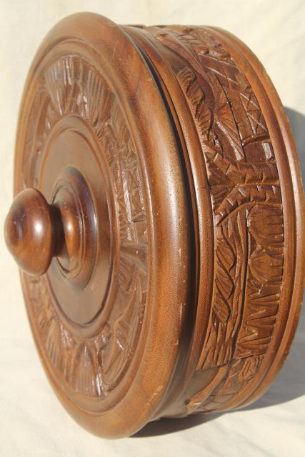 vintage carved wood lazy susan & cover, tropical tiki bar style serving tray cake stand
