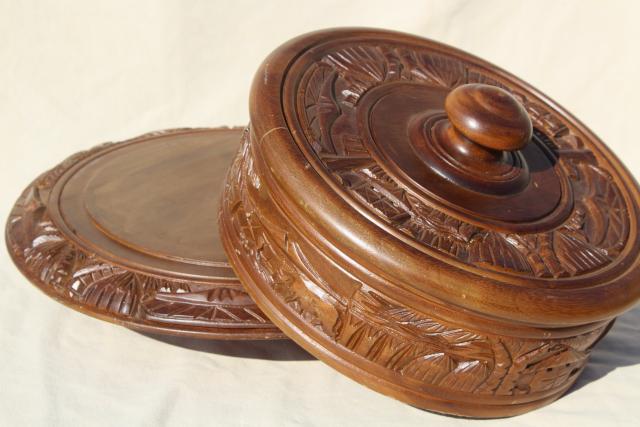 vintage carved wood lazy susan & cover, tropical tiki bar style serving tray cake stand