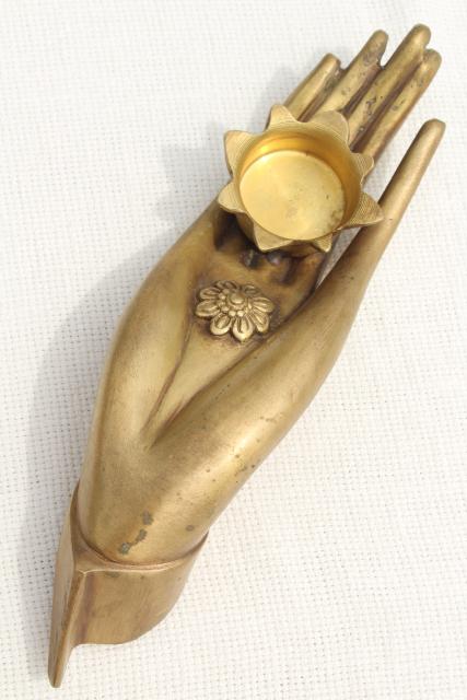 vintage cast metal lady hand candle holder paperweight, deco modern hollywood regency