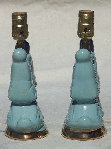 Vintage ceramic boudoir lamp set, 50s retro blue butterfly pottery lamps