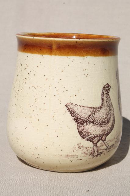 vintage ceramic coffee mug w/ chickens, antique art engraving hen & rooster chicken print