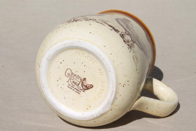 vintage ceramic coffee mug w/ chickens, antique art engraving hen & rooster chicken print