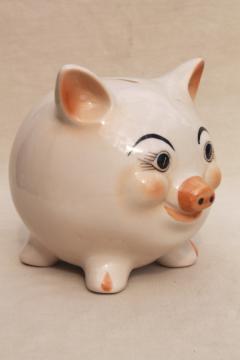 vintage ceramic piggy bank, white yorkshire pig, cute moon face pig coin saving bank