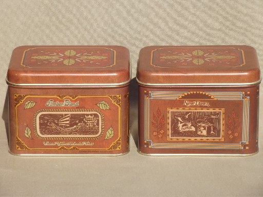Vintage Cheinco kitchen tins, canister set w/ old general store labels