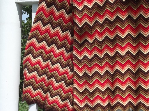 Vintage chevron crochet afghan, wool stripes in coral, shades of brown