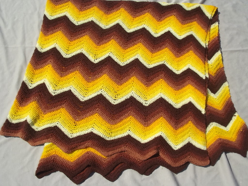 Vintage chevron striped crochet afghan stadium blanket in retro fall colors