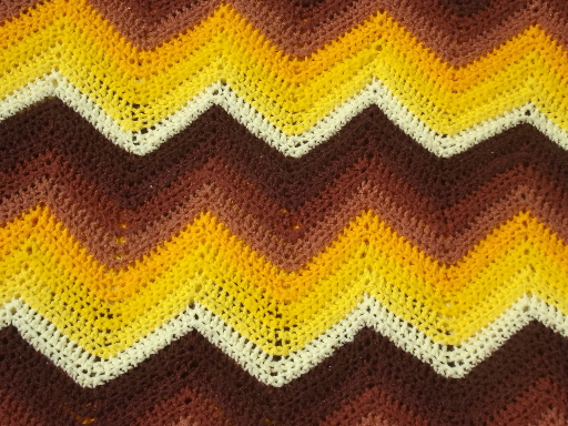 Vintage chevron striped crochet afghan stadium blanket in retro fall colors