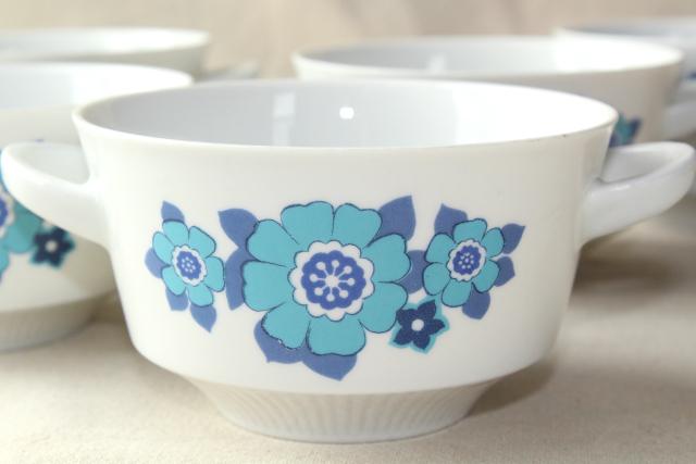 vintage china ramekins, soup bowls or individual casserole pans - big blue daisy flowers