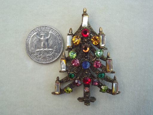 Vintage Christmas tree pin, retro 50s Hollycraft rhinestone brooch