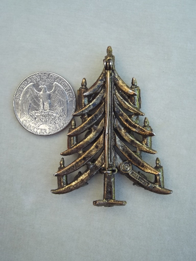 Vintage Christmas tree pin, retro 50s Hollycraft rhinestone brooch
