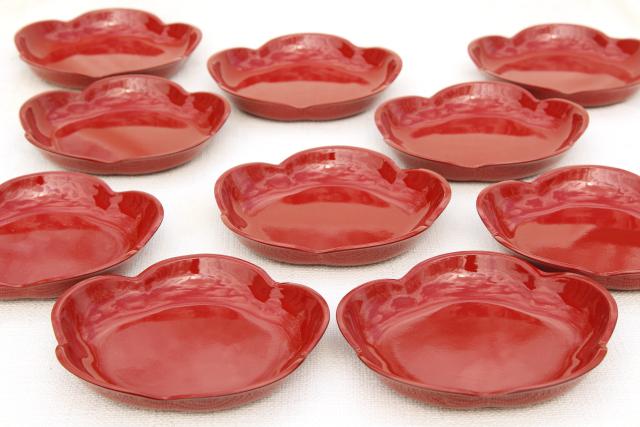 vintage cinnabar red lacquer ware dishes rice or noodle bowls or salad plates