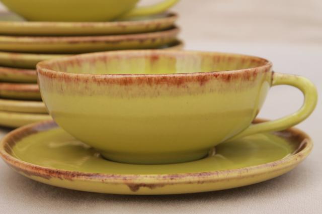 vintage coffee cups & saucers, California Rustic drip glaze pottery, chartreuse Desert Mist