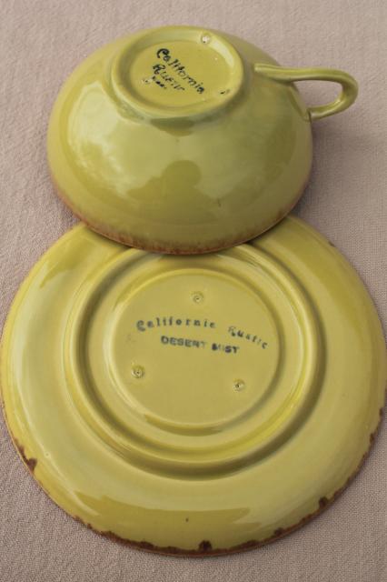vintage coffee cups & saucers, California Rustic drip glaze pottery, chartreuse Desert Mist