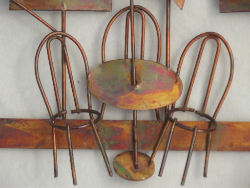 Vintage copper metal wall art sculpture, sidewalk cafe bistro tables