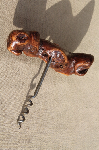 Vintage corkscrew w/ rustic knarled briar wood stick handle