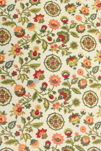 vintage cotton barkcloth fabric curtain panels, crewel work floral print curtains