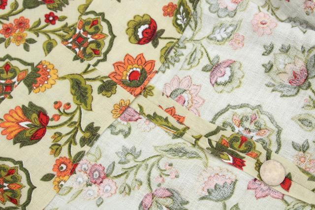 vintage cotton barkcloth fabric curtain panels, crewel work floral print curtains