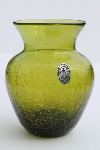 Vintage crackle glass vase w/ Pilgrim glass label, retro lime green color