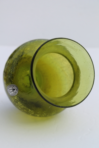 Vintage crackle glass vase w/ Pilgrim glass label, retro lime green color