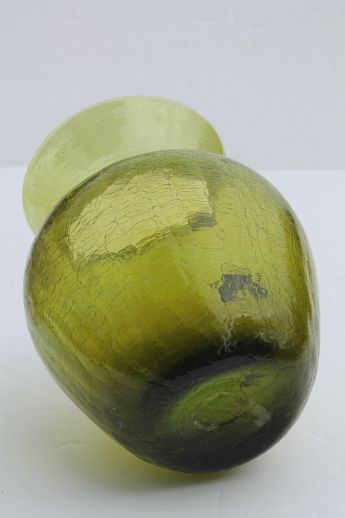 Vintage crackle glass vase w/ Pilgrim glass label, retro lime green color