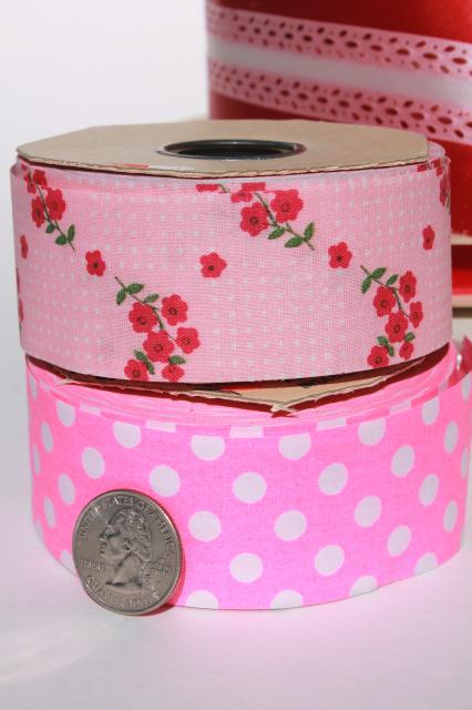 vintage craft ribbon / gift ribbons lot, red & pink patterns novelty fancy package tie trims
