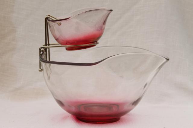 vintage cranberry ruby stain glass bowls set w/ rose tint luster flashed on color 