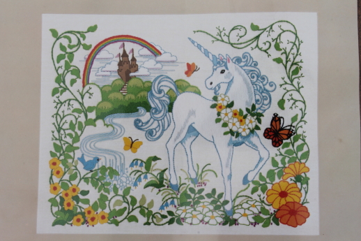 Vintage crewel work embroidery kit, retro 70s unicorn & flowers to embroider