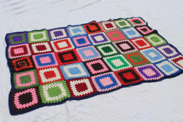 vintage crochet afghan blanket, big bright granny square blocks - very retro!
