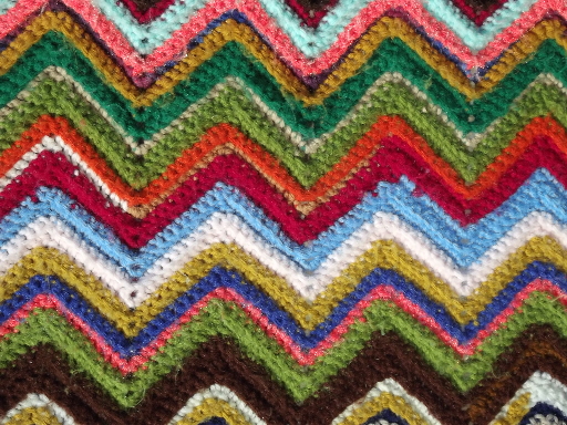 Vintage crochet afghan blanket, chevron stripes in crazy retro scrap colors