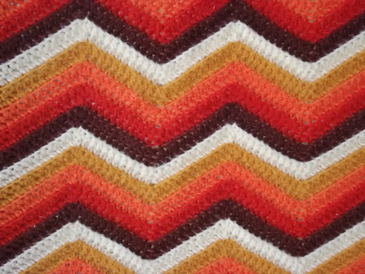 Vintage crochet afghan blanket, retro orange & gold striped chevrons
