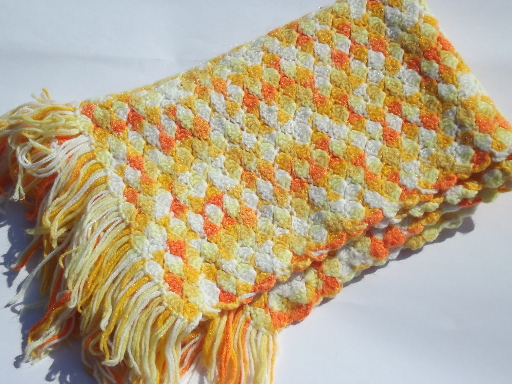 Vintage crochet afghan blanket, soft & cozy fuzzy candy corn colors