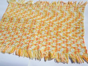 Vintage crochet afghan blanket, soft & cozy fuzzy candy corn colors