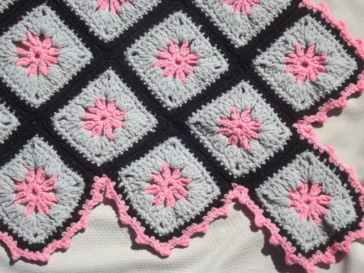Vintage crochet granny afghan, grannies in grey & pink w/ black border