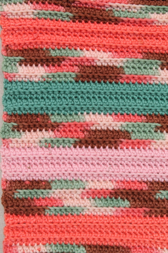 Vintage crochet wool runner rug or picnic blanket, long striped crocheted throw