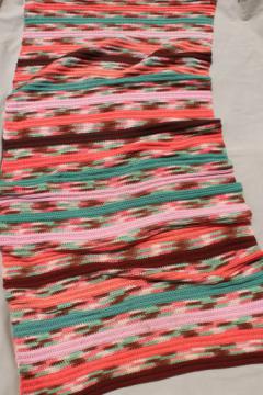 Vintage crochet wool runner rug or picnic blanket, long striped crocheted throw