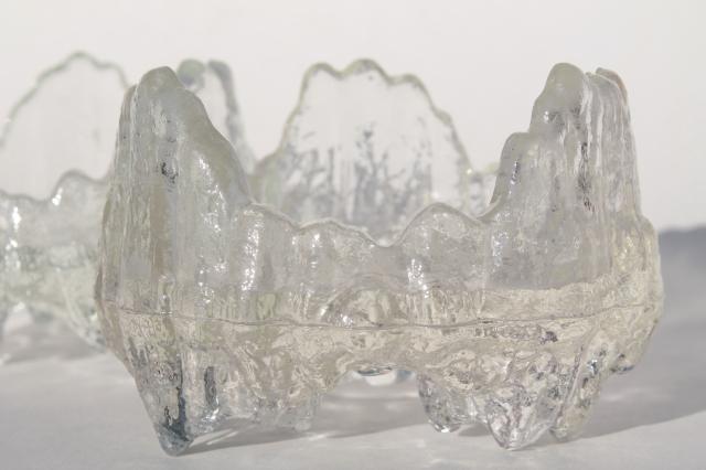 vintage crystal ice candle holders, Scandinavian modern Ittla style LE Smith glass
