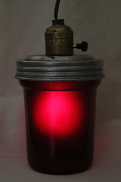 Vintage darkroom lamp, hanging pendant light w/ red glass lantern shade