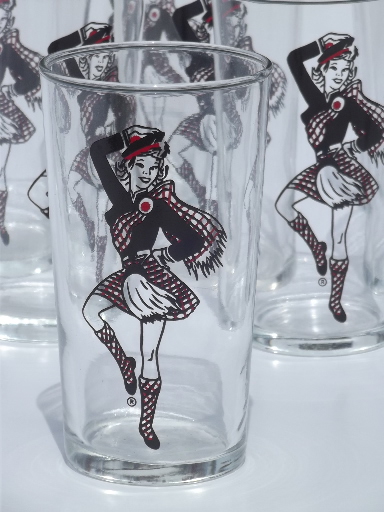 Vintage drinking glasses w/ girls in kilts, Scottish dancers glass tumblers
