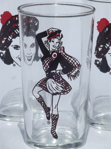 Vintage drinking glasses Scottish dancer & Scots girls in tams glass tumblers