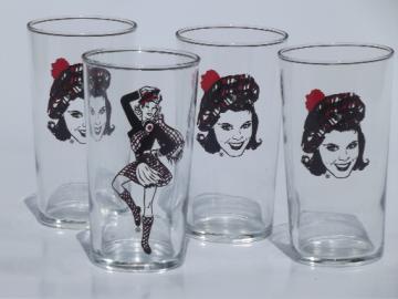 Vintage drinking glasses Scottish dancer & Scots girls in tams glass tumblers