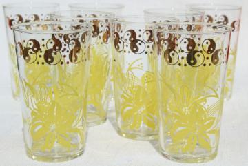 vintage drinking glasses, set of 8 tumblers retro yellow flowers, yin-yang