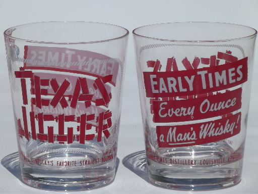 Vintage Early Times whisky glasses, giant Texas jiggers whiskey glass set