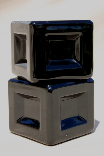 Vintage ebony black glass candlesticks, art deco modern minimalist cube candle holders