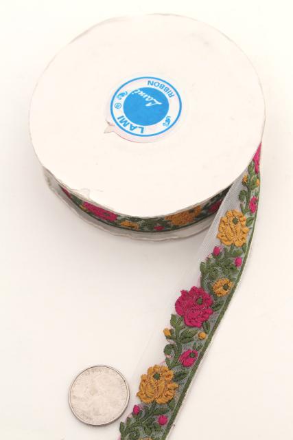 vintage embroidered trim, hippie style new old stock sewing trims roses & flowers