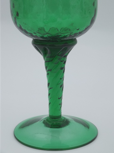 Vintage emerald green art glass vase, twisted stem hand blown glass goblet