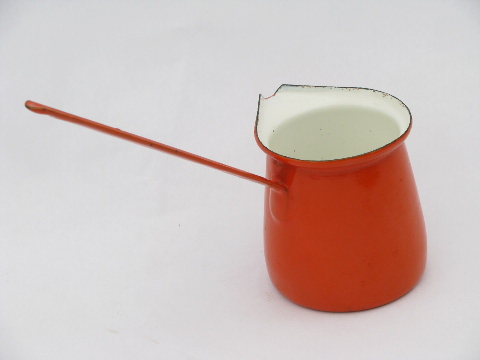 Vintage enamelware, orange enamel sauce pitcher for flambe, flaming puddings